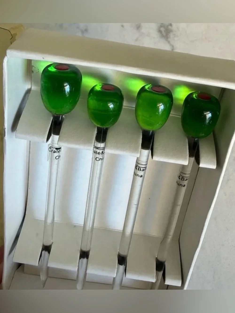 Crate&Barrel Vintage Glass Olive Cocktail Picks Set of Four NEW in Original Box!